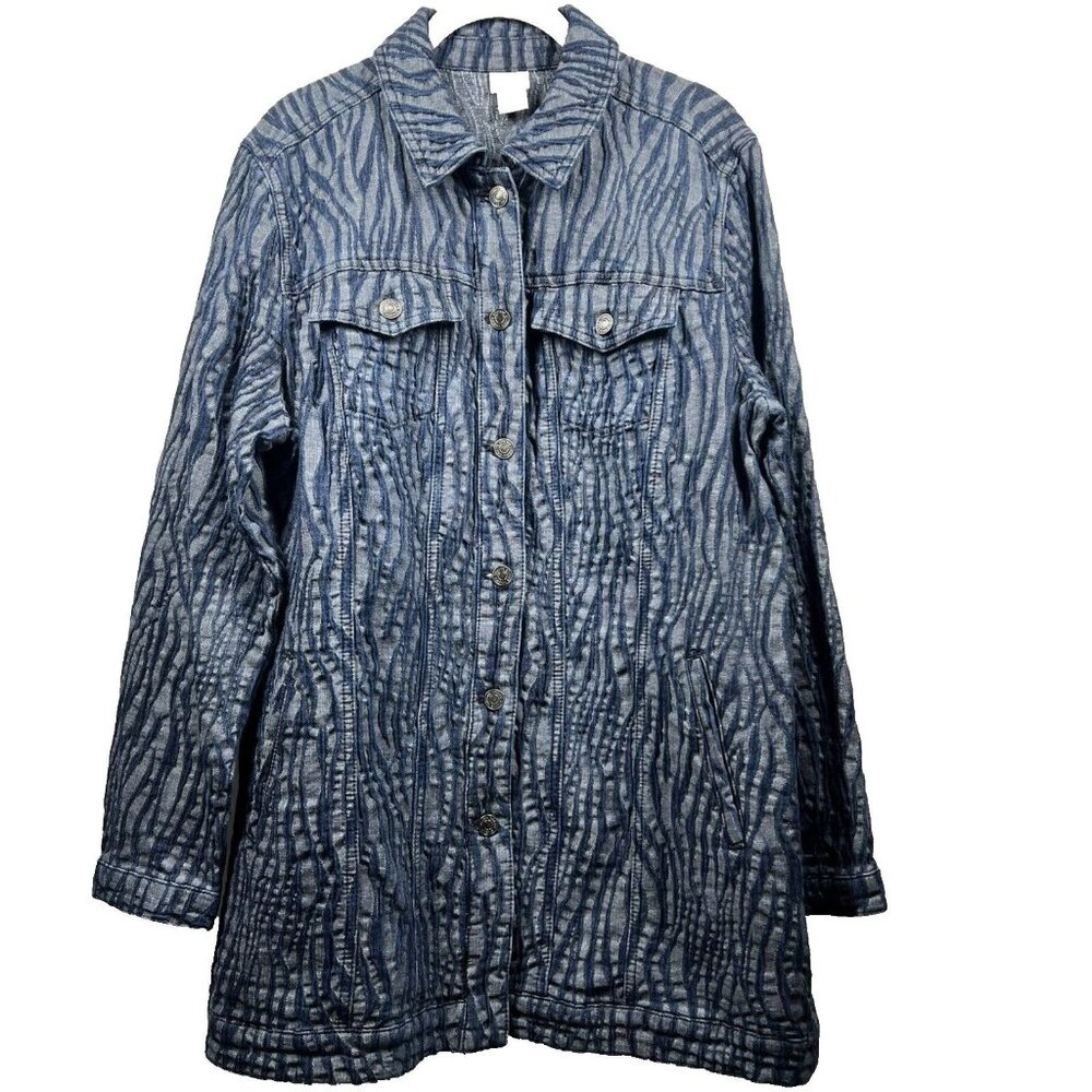 Chicos Denim Jacket Size Large Blue Zebra Animal Button Up Long Sleeve Pockets‎